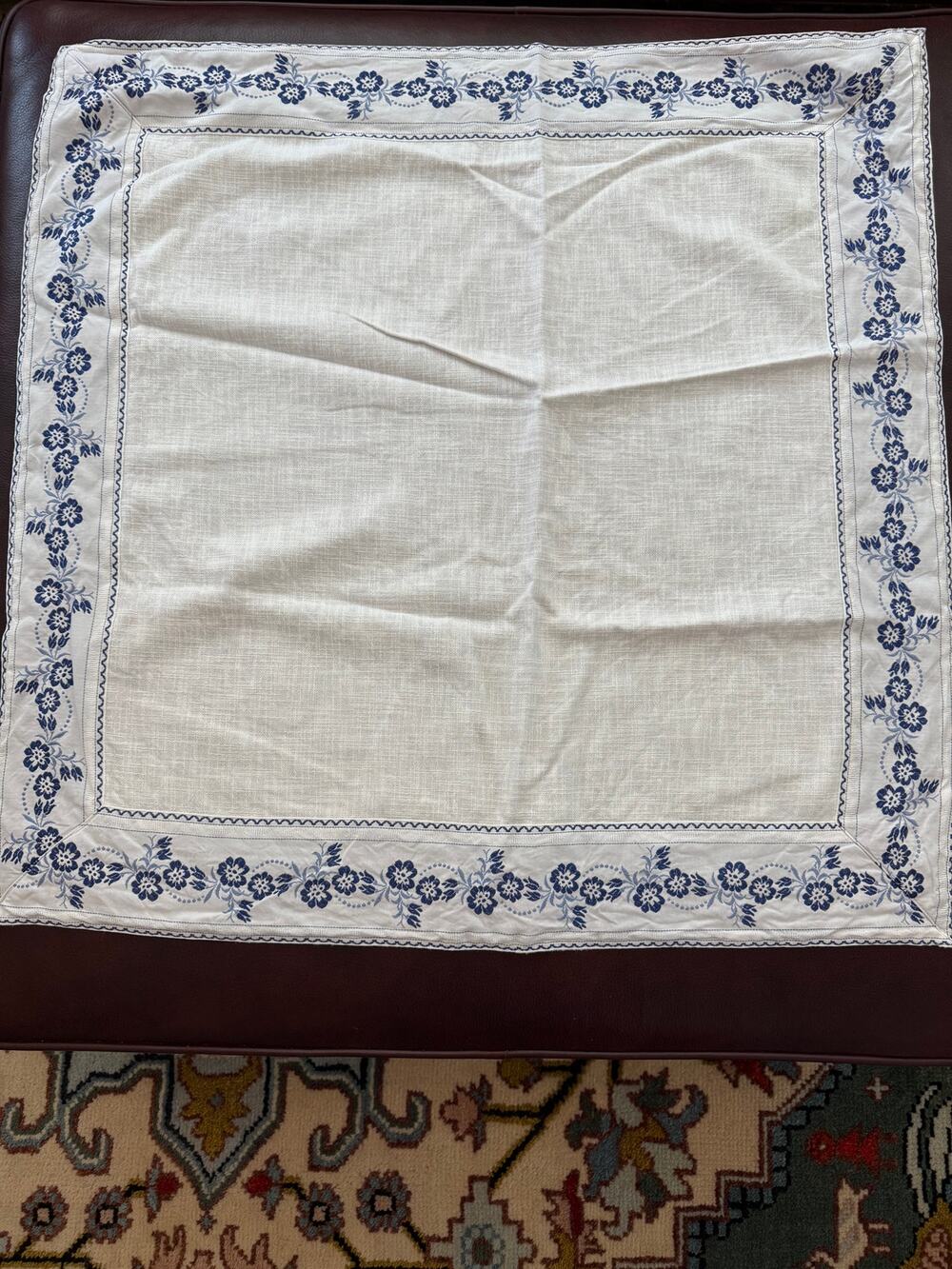 Vintage White Linen Square Table Topper Blue Floral Embroidered Trim